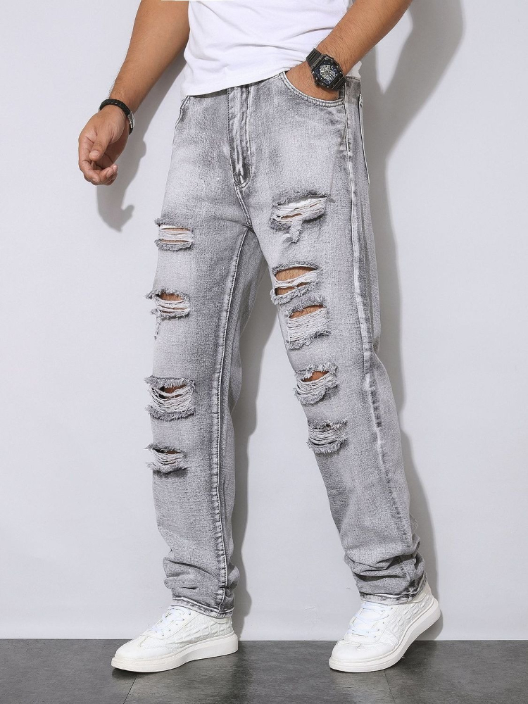 Men'S Fashion Grey Jeans - 남성 가을 겨울 디스트레스드 그레이 데님