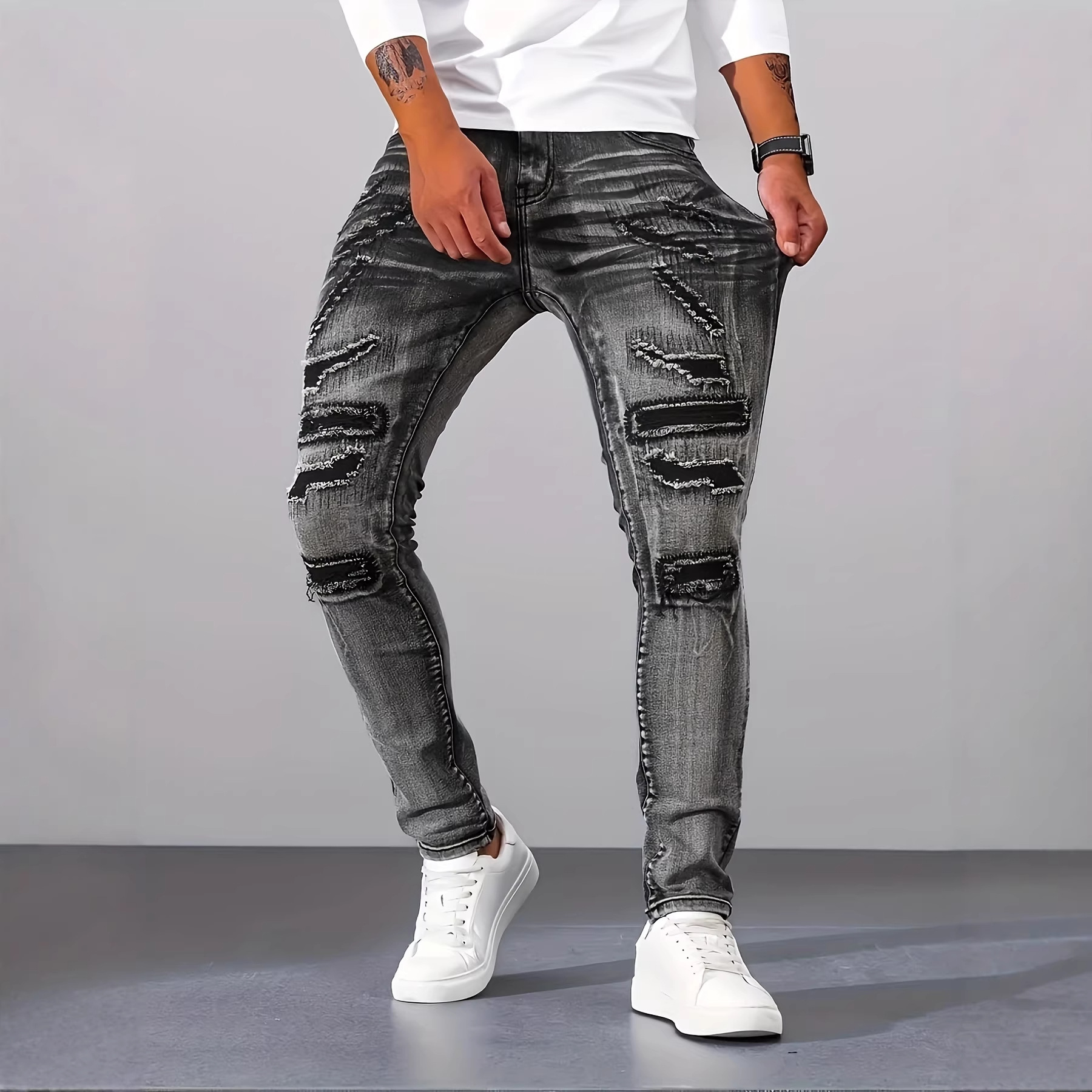 남성 그레이 슬림 심플 캐주얼 데일리 홀 패치 슈퍼 스 - Men'S Fashion Grey Jeans 리뷰 및 가격